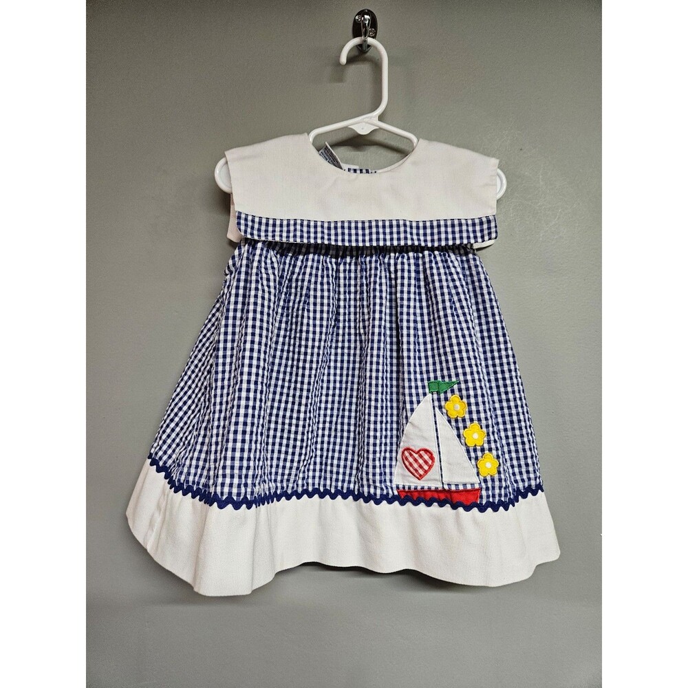 Vintage Samara Girls Gingham Sailboat Dress  Scalloped Trim blue Gingham pattern